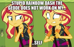 Size: 780x500 | Tagged: safe, edit, edited screencap, screencap, sunset shimmer, better together, equestria girls, forgotten friendship, caption, female, geode of empathy, image macro, magical geodes, meme, self paradox, text