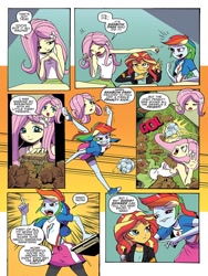 Size: 768x1024 | Tagged: safe, artist:pencils, idw, fluttershy, rainbow dash, sunset shimmer, equestria girls, spoiler:comic, spoiler:comicequestriagirlsmarchradness, ball, converse, faic, food, football, frightened, gerbil, lip bite, lockers, pointing, preview, rainbow dash is best facemaker, sandwich, shoes, sports