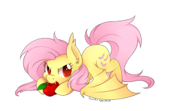 Size: 3794x2446 | Tagged: safe, artist:scarlet-spectrum, fluttershy, bat pony, pony, apple, cute, fangs, flutterbat, food, nom, shyabetes, simple background, solo, transparent background