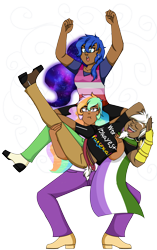 Size: 5952x9504 | Tagged: safe, artist:cornerverse, discord, princess celestia, princess luna, human, absurd resolution, carrying, cheering, dark skin, draw the squad, family bonding, female, galaxy mane, genderqueer, genderqueer pride flag, humanized, lesbian, lesbian pride flag, pansexual, pansexual pride flag, pride, pride flag, pride month, simple background, transparent background