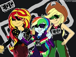 Size: 1482x1112 | Tagged: safe, artist:malevolentsamson, applejack, rainbow dash, sunset shimmer, equestria girls, clothes, female, new world order, parody, trio