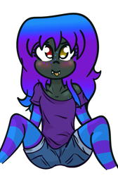 Size: 531x792 | Tagged: safe, artist:binary6, oc, oc only, oc:amity smile, anthro, bat pony, clothes, denim shorts, fangs, female, freckles, heterochromia, looking at you, socks, solo, thigh highs