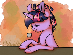 Size: 640x480 | Tagged: safe, artist:onikashi, derpibooru import, twilight sparkle, alternate hairstyle, cup, eyes closed, fluffy, short hair, smiling, solo