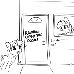 Size: 1080x1080 | Tagged: safe, artist:tjpones, derpibooru import, rainbow dash, twilight sparkle, unicorn twilight, pegasus, pony, unicorn, angry, annoyed, dialogue, duo, female, frown, glare, iwtcird, lineart, mare, meme, monochrome, open mouth, simple background, smiling, spread wings, white background, wings, yelling