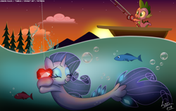 Size: 1900x1200 | Tagged: safe, artist:lennonblack, rarity, spike, fish, seapony (g4), bubble, eyes closed, female, fire ruby, fishing, fishing rod, gem, hug, lake, male, open mouth, rowboat, ruby, seaponified, seapony rarity, shipping, sparity, species swap, straight, tongue out, tree