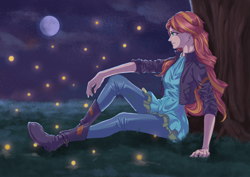 Size: 5847x4133 | Tagged: safe, artist:jatewg, sunset shimmer, firefly (insect), insect, equestria girls, absurd resolution, moon, night, solo, tree