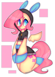 Size: 2500x3500 | Tagged: safe, artist:bunxl, fluttershy, pegasus, pony, semi-anthro, bunny ears, clothes, costume, cute, dangerous mission outfit, female, flying, heart eyes, hoodie, looking at you, midriff, simple background, solo, white background, wingding eyes