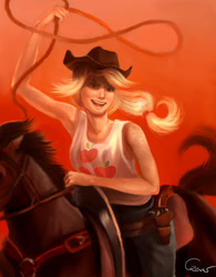 Size: 600x771 | Tagged: safe, artist:agataczerw, applejack, horse, human, armpits, gun, humanized, lasso