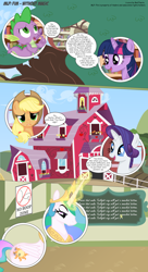 Size: 3300x6056 | Tagged: safe, artist:perfectblue97, applejack, princess celestia, rarity, spike, twilight sparkle, alicorn, dragon, earth pony, pony, unicorn, comic:without magic, absurd resolution, book, bookshelf, chalkboard, comic, golden oaks library, karma, poster, sweet apple acres