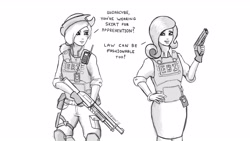 Size: 2560x1440 | Tagged: safe, artist:mozgan, applejack, rarity, human, bulletproof vest, detective, dialogue, gun, humanized, monochrome, pistol, police, shotgun, trigger discipline, walkie talkie