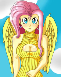 Size: 1200x1500 | Tagged: safe, artist:eduarknes, fluttershy, human, boob window, cleavage, clothes, ear piercing, earring, female, humanized, jewelry, keyhole turtleneck, looking at you, open-chest sweater, piercing, solo, sweater, sweatershy, turtleneck, winged humanization