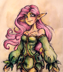 Size: 812x931 | Tagged: safe, artist:buttersprinkle, fluttershy, human, clothes, elf ears, humanized, pony coloring, smiling, solo, traditional art