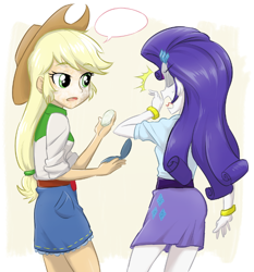 Size: 696x748 | Tagged: safe, artist:ta-na, applejack, rarity, equestria girls, clothes, compact, denim skirt, disaster, faceless female, female, makeup, offscreen character, shocked, skirt, speech bubble