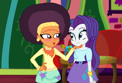 Size: 2500x1706 | Tagged: safe, artist:ktd1993, artist:toonamp, rarity, saffron masala, equestria girls, afro, blouse, blushing, equestria girls-ified, female, kurta, lesbian, miniskirt, raffron, shipping, skirt, the tasty treat