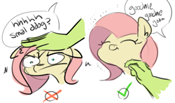 Size: 1280x752 | Tagged: safe, artist:nobody, fluttershy, oc, oc:anon, human, :t, bust, cute, eyes closed, floppy ears, frown, glare, hand, instructions, petting, portrait, sketch, smiling, unamused, wide eyes