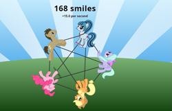 Size: 887x575 | Tagged: safe, applejack, doctor whooves, flitter, pinkie pie, sonata dusk, earth pony, pony, male, pentagram, pony clicker, spooky, stallion, stars