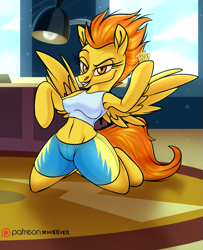 Size: 1371x1692 | Tagged: safe, alternate version, artist:moonhoek, derpibooru import, spitfire, anthro, pegasus, semi-anthro, wonderbolts academy, arm hooves, armpits, clothes, digital art, female, full body, hoof hold, looking at you, patreon, patreon exclusive, patreon logo, raised eyebrow, rcf community, smiling, solo, spread wings, wings