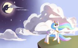 Size: 2834x1757 | Tagged: safe, artist:fluffleduckle, princess celestia, alicorn, pony, cliff, cloud, crying, mare in the moon, moon, solo, stars