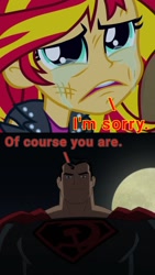 Size: 720x1280 | Tagged: safe, sunset shimmer, human, equestria girls, abuse, angry, crying, female, looking up, male, moon, night, open mouth, sad, shimmerbuse, superman, superman red son, this will not end well