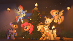 Size: 1920x1080 | Tagged: safe, artist:rainbowdashsnipers, derpibooru import, applejack, fluttershy, pinkie pie, rainbow dash, rarity, twilight sparkle, twilight sparkle (alicorn), alicorn, earth pony, pegasus, pony, unicorn, christmas, christmas lights, christmas tree, happy new year 2020, holiday, mane six, tree