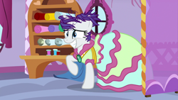 Size: 1280x720 | Tagged: safe, screencap, rarity, pony, unicorn, it isn't the mane thing about you, clothes, combover, dress, female, mare, outfit catalog, solo