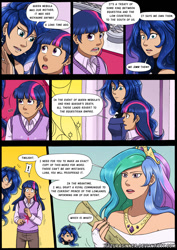 Size: 975x1377 | Tagged: safe, artist:hazurasinner, princess celestia, princess luna, twilight sparkle, human, clothes, comic, dialogue, fanfic, humanized, light skin, scroll