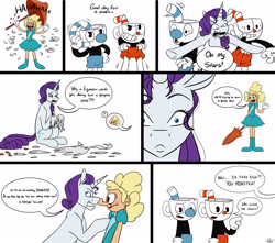 Size: 2825x2500 | Tagged: safe, artist:ggchristian, rarity, pony, unicorn, clothes, comic, crossover, cuphead, cuphead (character), dress, fashion disaster, high res, mugman, sally stageplay, umbrella