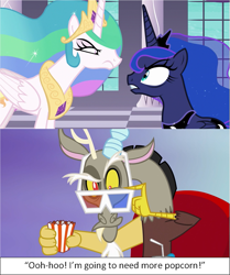 Size: 623x747 | Tagged: safe, edit, edited screencap, screencap, discord, princess celestia, princess luna, alicorn, draconequus, pony, a royal problem, princess twilight sparkle (episode), 3-d glasses, ethereal mane, female, food, male, mare, popcorn, royal sisters