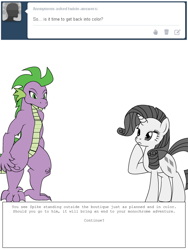 Size: 600x800 | Tagged: safe, artist:dekomaru, rarity, spike, dragon, pony, unicorn, ask, diamondstuck, partial color, tumblr, tumblr:ask twixie