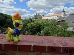 Size: 2309x1732 | Tagged: safe, derpibooru import, spitfire, church, czech republic, irl, photo, plushie, solo, town