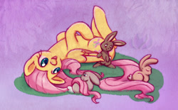 Size: 930x578 | Tagged: safe, artist:raininess, fluttershy, pegasus, pony, rabbit, cute, daaaaaaaaaaaw, female, floppy ears, happy, hnnng, horses doing horse things, legs in air, long mane, long tail, mare, on back, open mouth, shyabetes, smiling, solo, upside down