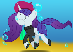 Size: 2500x1800 | Tagged: safe, artist:bladedragoon7575, rarity, pony, unicorn, beatnik rarity, beret, clothes, hat, holding breath, shoes, solo, sweater, swimming, underwater