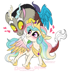 Size: 871x921 | Tagged: safe, artist:stepandy, discord, princess celestia, alicorn, draconequus, pony, blushing, chibi, crown, cute, cutelestia, discute, dislestia, female, floppy ears, heart, jewelry, looking at each other, male, mare, regalia, shipping, simple background, smiling, spread wings, straight, transparent background, unshorn fetlocks, wings