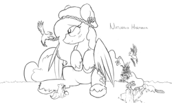 Size: 2000x1194 | Tagged: safe, artist:woonasart, fluttershy, oc, pegasus, pony, flower, grayscale, hippie, monochrome, nature, sketch, solo