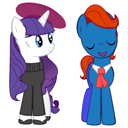 Size: 3009x3000 | Tagged: safe, artist:petraea, rarity, oc, oc:lancer, earth pony, pony, unicorn, beatnik rarity, beret, clothes, hat, high res, male, necktie, shoes, simple background, stallion, sweater, transparent background, vector