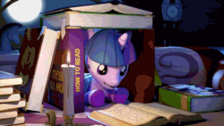Size: 960x540 | Tagged: safe, artist:spectre-z, derpibooru import, daring do, twilight sparkle, unicorn twilight, pony, unicorn, journal of the two sisters, 3d, animated, bed, book, book fort, candle, clothes, cute, dark, female, golden oaks library, interior, loop, lying, magic, mare, night, prone, reading, socks, solo, striped socks, telekinesis, twiabetes, window