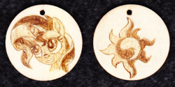 Size: 1014x507 | Tagged: safe, artist:malte279, sunset shimmer, craft, cutie mark, jewelry, pendant, pyrography, traditional art, wood