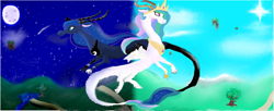 Size: 1525x624 | Tagged: safe, artist:mr100dragon100, princess celestia, princess luna, draconequus, celestequus, dark, day, draconequified, light, lunequus, moon, night, species swap, sun