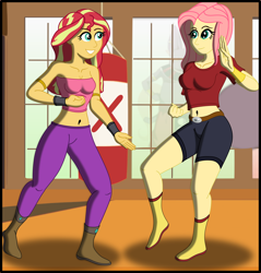 Size: 1994x2089 | Tagged: safe, artist:physicrodrigo, part of a series, part of a set, fluttershy, sunset shimmer, equestria girls, armlet, belly button, belt, boots, breasts, caulifla, clothes, commission, cosplay, costume, dojo, dragon ball super, duo, female, fist, high res, kale, looking at each other, martial arts, midriff, pants, punching bag, raised foot, raised hand, shirt, shoes, shorts, smiling, story in the source, training, transformation, transformation sequence, tube top, wristband