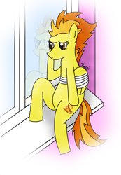 Size: 1634x2362 | Tagged: safe, artist:kacpi, derpibooru import, spitfire, pegasus, pony, bandage, female, mare, sad, sitting, solo, the pegasus is grounded