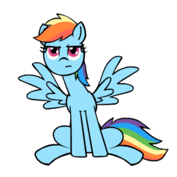 Size: 500x500 | Tagged: safe, artist:whateverbender, derpibooru import, part of a set, rainbow dash, pegasus, pony, animated, blinking, cute, dashabetes, female, frame by frame, gif, mare, rainbow dash is not amused, simple background, sitting, solo, transparent background, unamused
