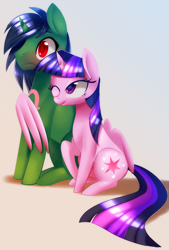 Size: 691x1023 | Tagged: safe, artist:si1vr, derpibooru import, twilight sparkle, twilight sparkle (alicorn), oc, alicorn, pony, canon x oc, female, male, mare, shipping, straight