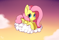 Size: 1277x865 | Tagged: safe, artist:ohhoneybee, fluttershy, pegasus, pony, cloud, female, folded wings, looking at you, mare, on a cloud, prone, sky, smiling, solo, three quarter view, twilight (astronomy), wings