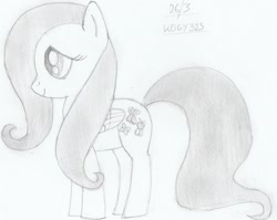 Size: 1888x1504 | Tagged: safe, artist:kogy323, fluttershy, pegasus, pony, folded wings, looking away, monochrome, pencil drawing, simple background, solo, standing, traditional art