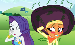 Size: 2500x1500 | Tagged: safe, artist:cloudshadezer0, artist:ktd1993, edit, rarity, saffron masala, equestria girls, afro, badly drawn, badly edited, blushing, equestria girls-ified, female, lesbian, raffron, shipping, smelly