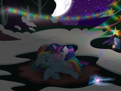 Size: 8000x6000 | Tagged: safe, artist:nightmaremoons, derpibooru import, rainbow dash, twilight sparkle, pegasus, pony, absurd resolution, christmas, christmas tree, duo, female, holiday, kissing, lesbian, moon, night, shipping, tree, twidash