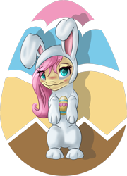 Size: 1961x2728 | Tagged: safe, artist:itresad, fluttershy, pegasus, pony, blushing, easter, easter egg, fs bunny suit, simple background, solo, transparent background