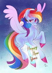 Size: 3000x4200 | Tagged: safe, artist:eeviart, derpibooru import, rainbow dash, pegasus, pony, abstract background, christmas, flying, happy new year, hat, holiday, santa hat, signature, solo, spread wings, wings