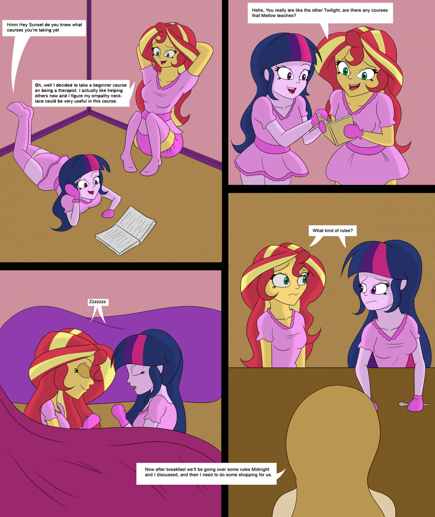 1485812 - suggestive, artist:diaperednight, sci-twi, sunset shimmer,  twilight sparkle, oc, oc:mellow sky, comic:midnights pet, equestria girls,  abdl, baby clothes, book, booties, breasts, clothes, comic, cyoa, dialogue,  diaper, diaper fetish, dress ...