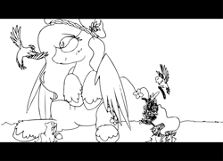 Size: 5333x3854 | Tagged: safe, artist:woonasart, fluttershy, bird, pegasus, pony, squirrel, animal, black and white, grayscale, hippie, monochrome, nature, sketch